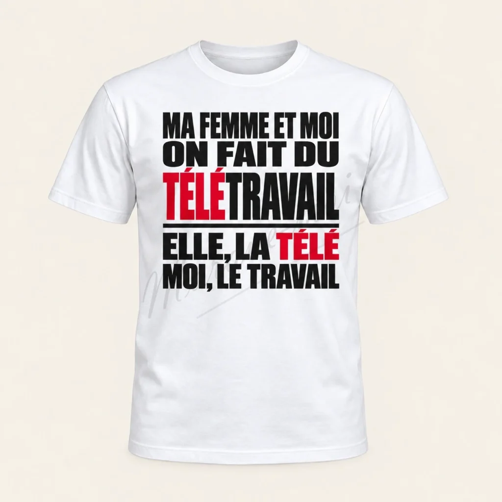 T-shirt blanc vu de face, avec le slogan « Ma femme et moi, on fait du télétravail : elle, la télé, moi, le travail » en lettres noires et rouges, sur fond beige.