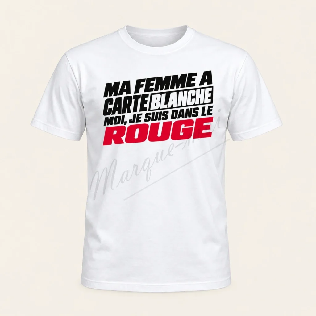 T-shirt blanc vu de face avec le slogan « Ma femme a carte blanche, moi je suis dans le rouge » en typographie noire et rouge, sur fond beige.
