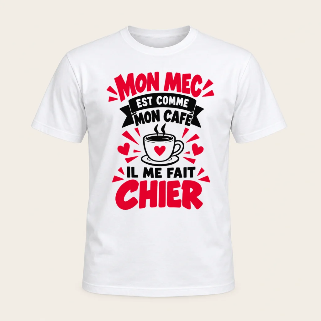 T-shirt blanc de face avec le slogan « Mon mec est comme mon café, il me fait chier », une tasse et des cœurs en noir et rouge.