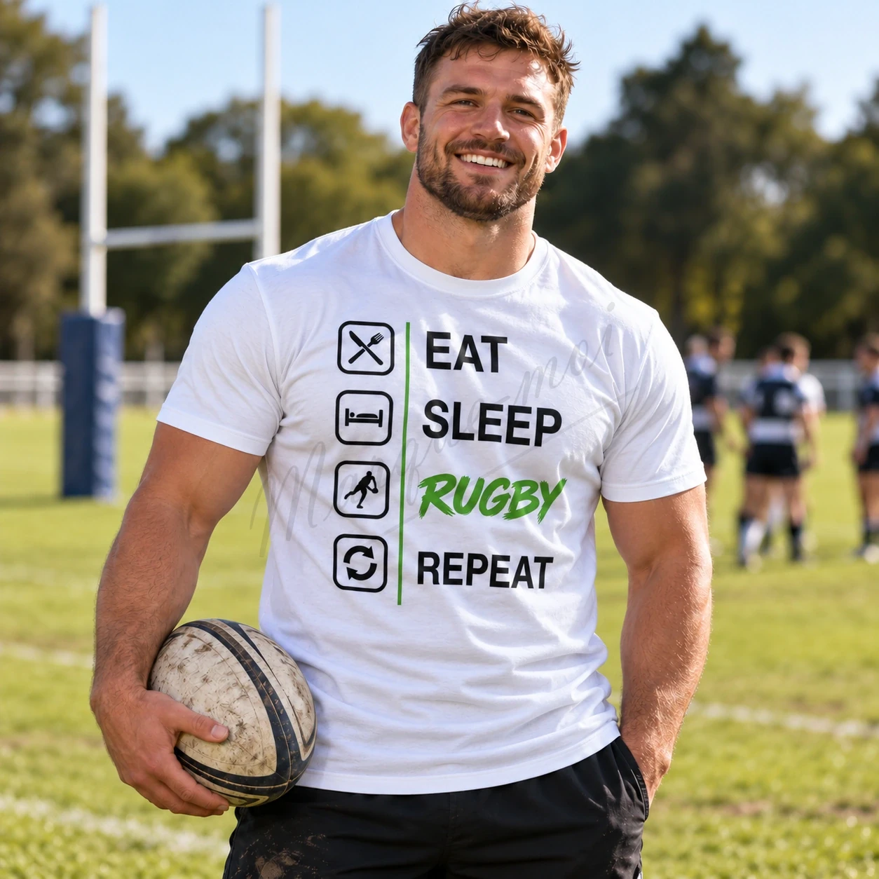 Homme sur un terrain de rugby portant un t-shirt blanc « Eat Sleep Rugby Repeat », avec des pictogrammes noirs et le mot « Rugby » vert.