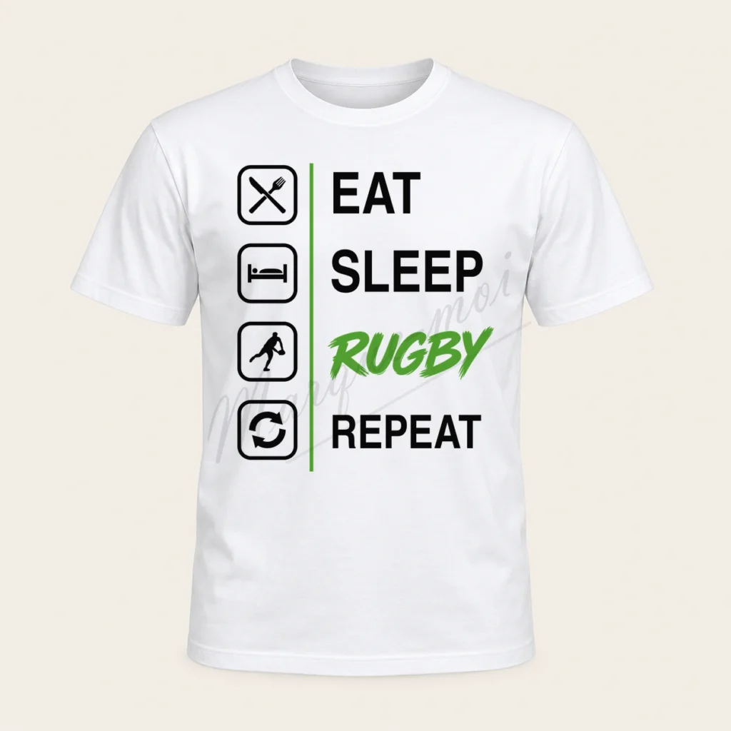 T-shirt blanc vu de face avec le texte « Eat Sleep Rugby Repeat », quatre pictogrammes noirs et le mot « Rugby » en vert clair.