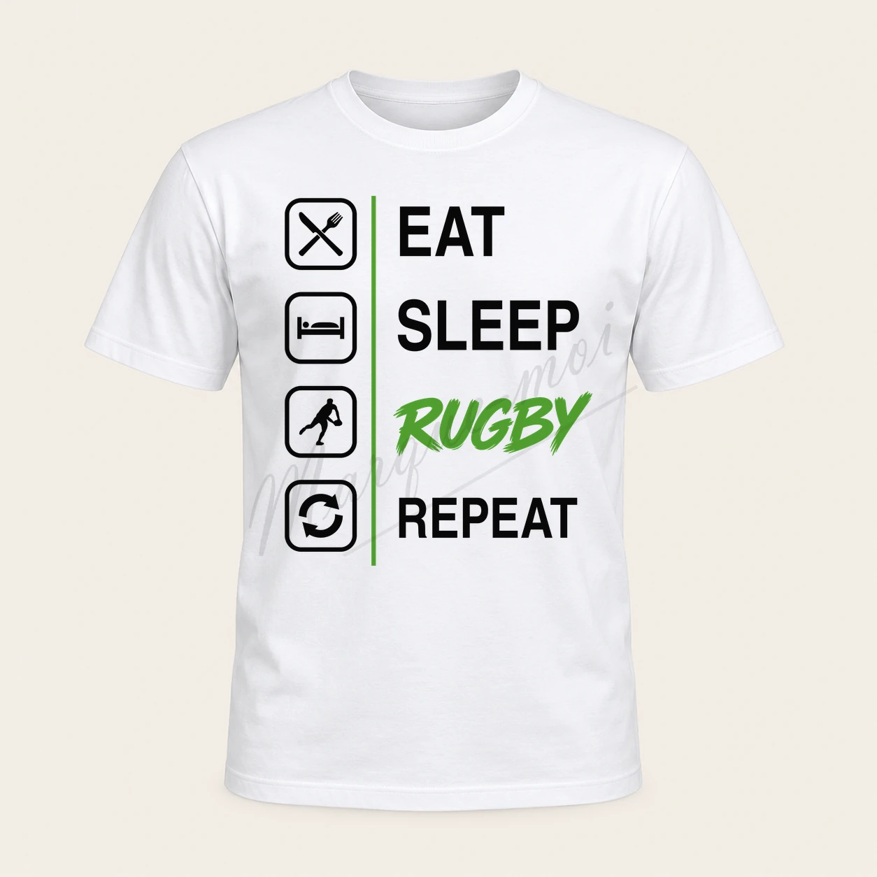 T-shirt blanc vu de face avec le texte « Eat Sleep Rugby Repeat », quatre pictogrammes noirs et le mot « Rugby » en vert clair.