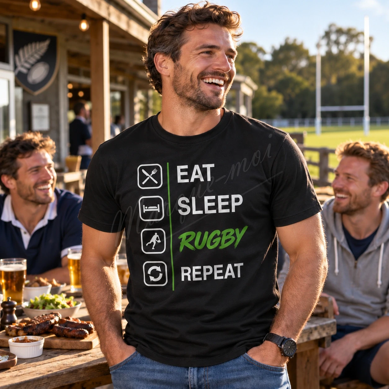 Homme en terrasse près d’un terrain de rugby portant un t-shirt noir « Eat Sleep Rugby Repeat », avec des pictogrammes blancs et du vert clair.