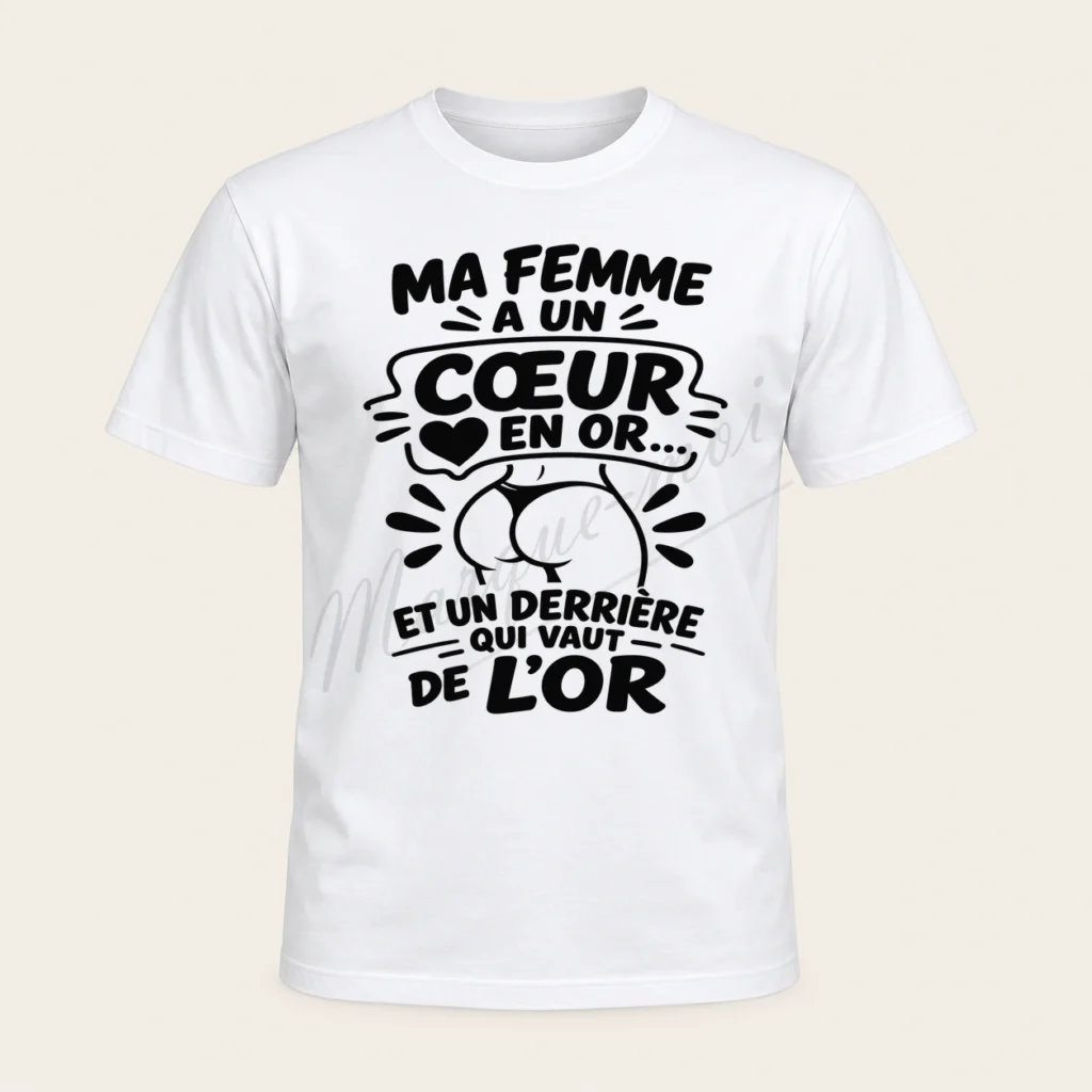 T-shirt blanc de face « Ma femme a un cœur en or et un derrière qui vaut de l’or », avec un cœur et un fessier stylisé en noir.