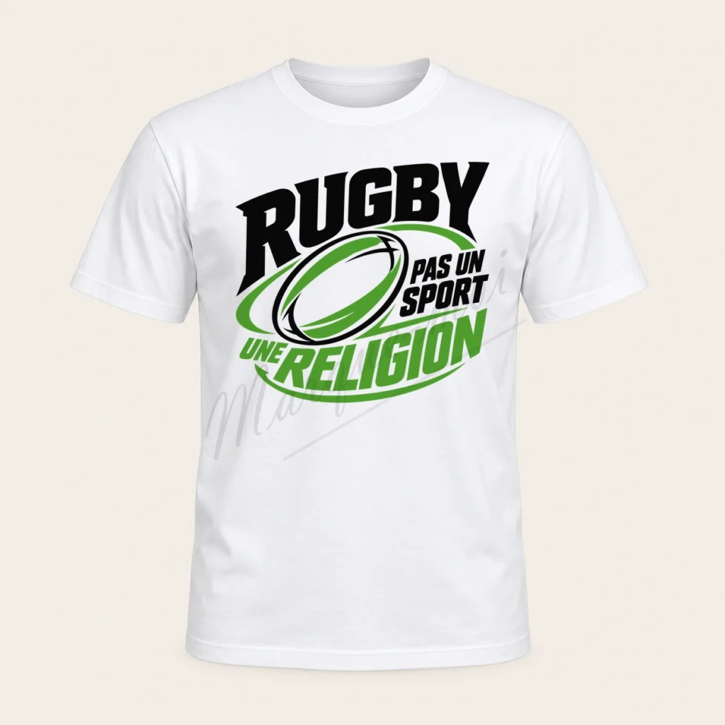 T-shirt blanc de face avec le slogan « Rugby, pas un sport, une religion » et un ballon de rugby en noir et vert clair.
