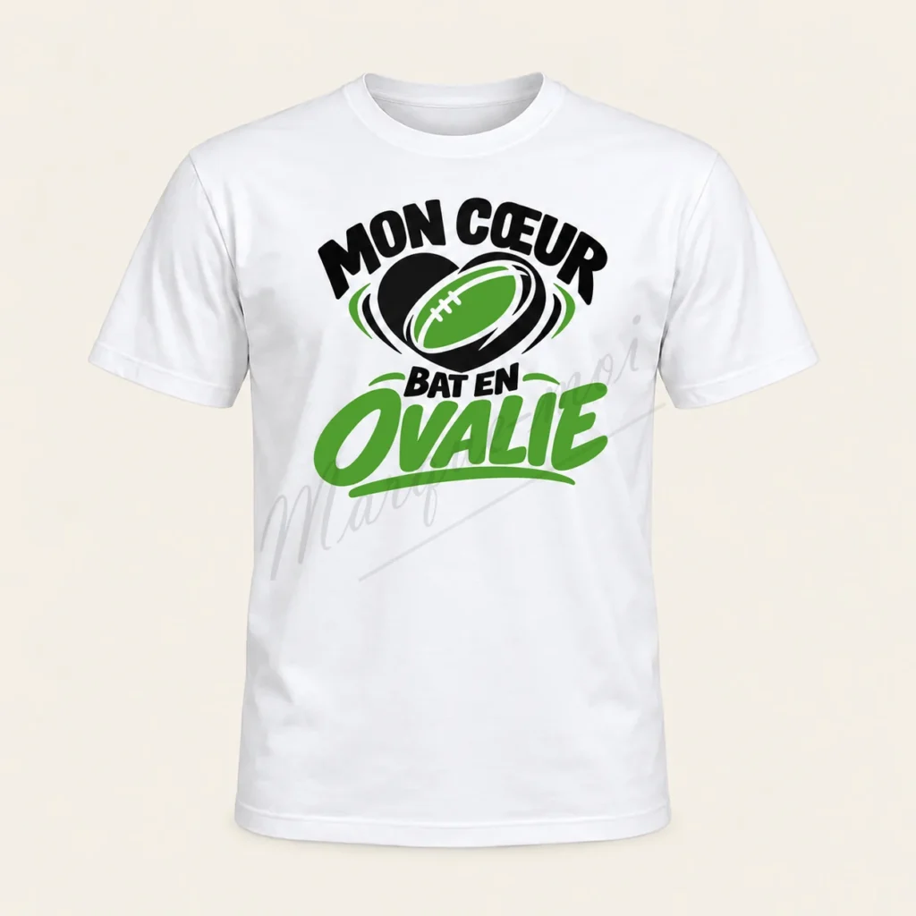 T-shirt blanc de face avec le slogan « Mon cœur bat en Ovalie », un ballon de rugby et un motif noir et vert clair.