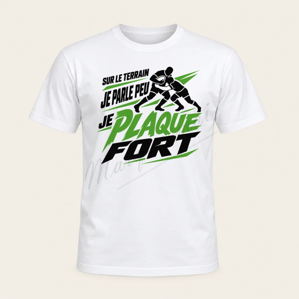 T-shirt blanc de face « Sur le terrain, je parle peu, je plaque fort », avec deux joueurs en plein plaquage et un motif noir et vert.
