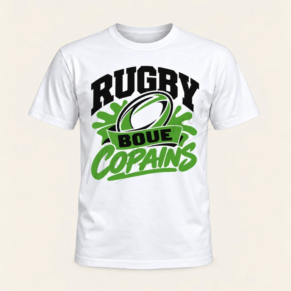 T-shirt blanc de face « Rugby, boue, copains », avec un ballon de rugby et des éclaboussures stylisées en noir et vert clair.