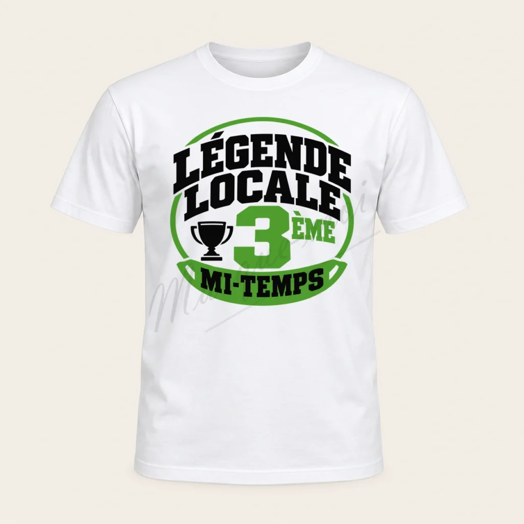 T-shirt blanc de face « Légende locale, 3e mi-temps », avec un trophée et un motif circulaire noir et vert clair.