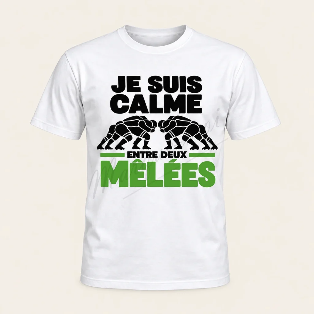 T-shirt blanc vu de face, avec le slogan « Je suis calme entre deux mêlées » et des joueurs de rugby en noir et vert clair.