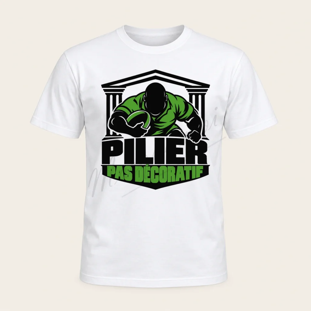 T-shirt blanc vu de face avec le slogan « Pilier, pas décoratif » et un joueur de rugby entre deux colonnes, en noir et vert clair.