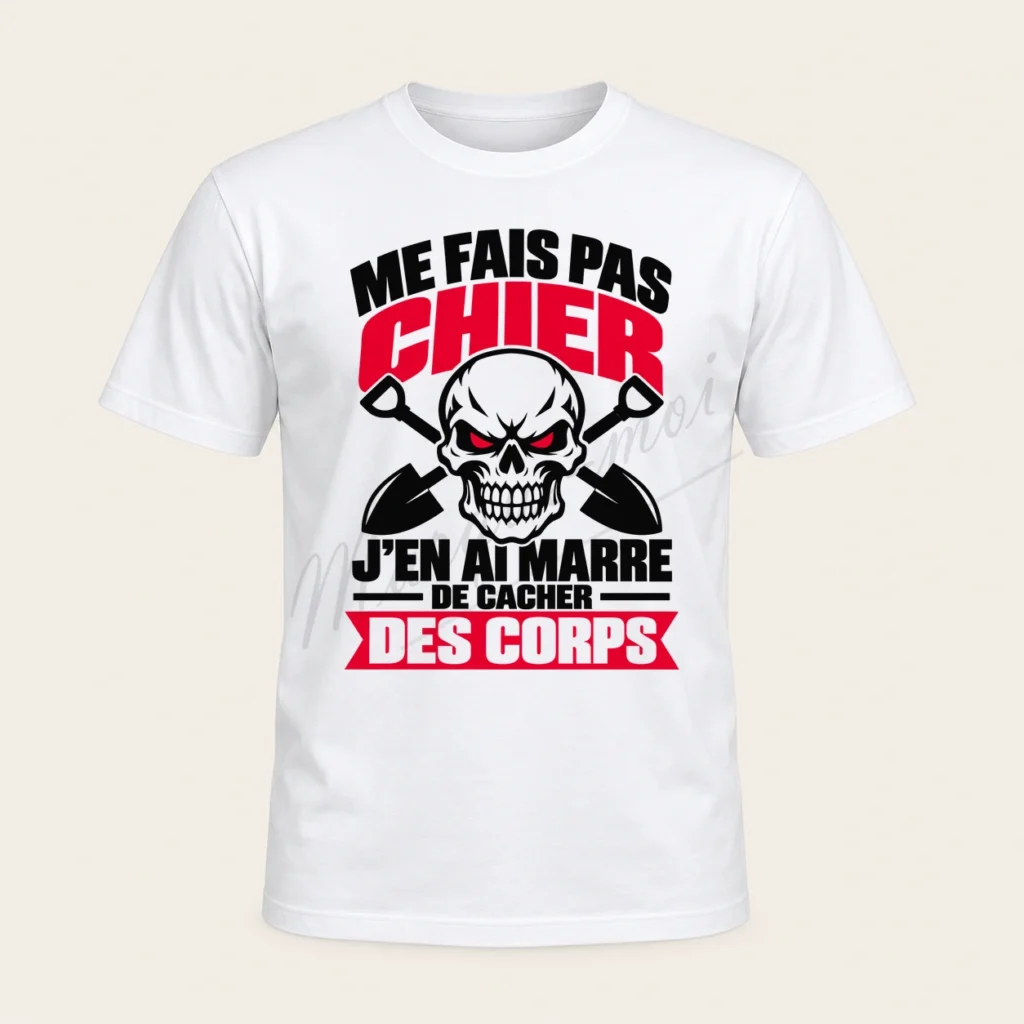 T-shirt blanc de face « Me fais pas chier, j’en ai marre de cacher des corps », avec une tête de mort et des détails rouges.